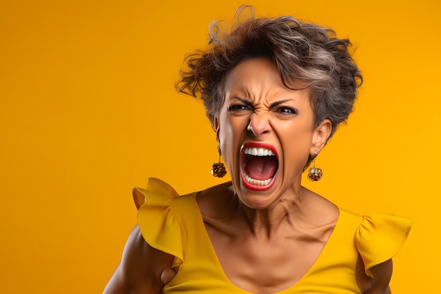 Mulher latino-americana adulta zangada gritando em fundo amarelo rede neural gerada