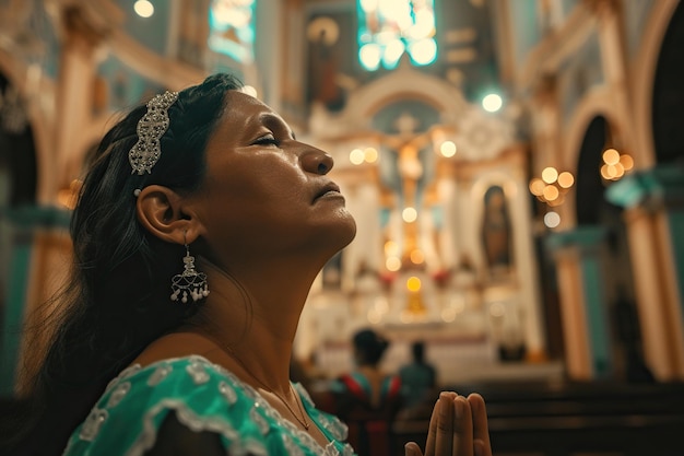 Mulher latino-americana orando na igreja Efeito cinematográfico