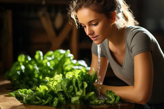 Mulher lavando folhas de couve em uma pia na cozinha ao meio-dia AI Generated