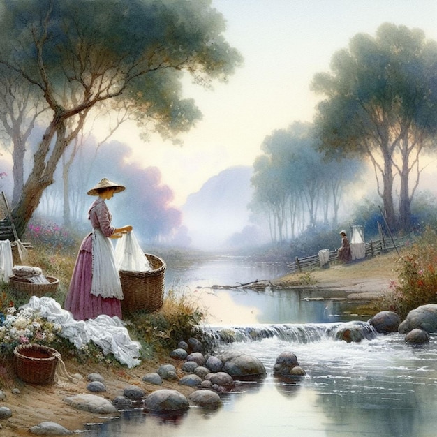 mulher lavando roupas na margem de um rio aquarela