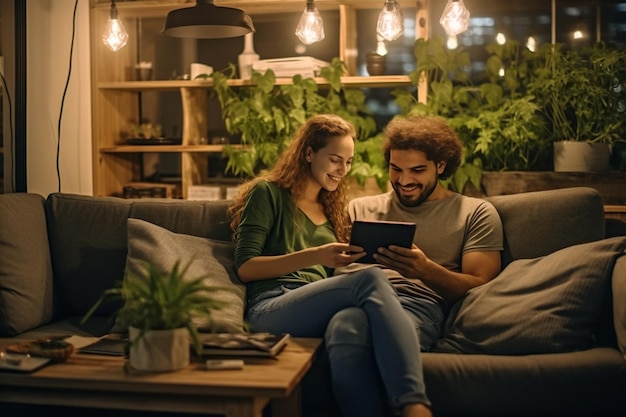 Foto mulher lazer homem tablet juntos casal sorriso feliz online estilo de vida alegre tecnologia ia generativa