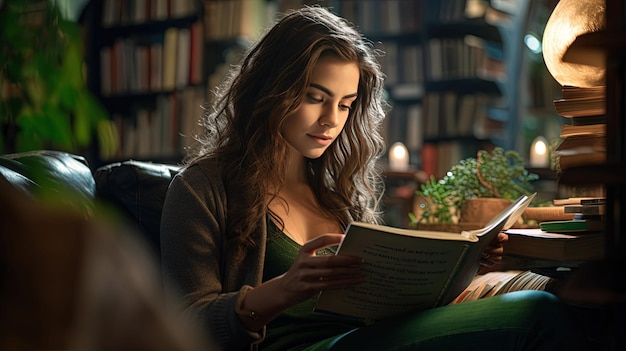 Foto mulher lendo um livro em uma biblioteca