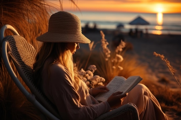 Foto mulher lendo um livro em uma cadeira de praia na costa norte com luzes noturnas acalmando as vibrações do início do outono