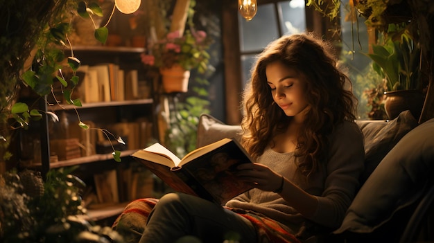 Mulher lendo um livro em uma sala aconchegante com plantas e uma janela ia generativa