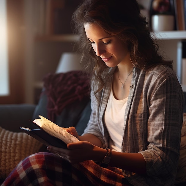 Foto mulher lendo um livro.