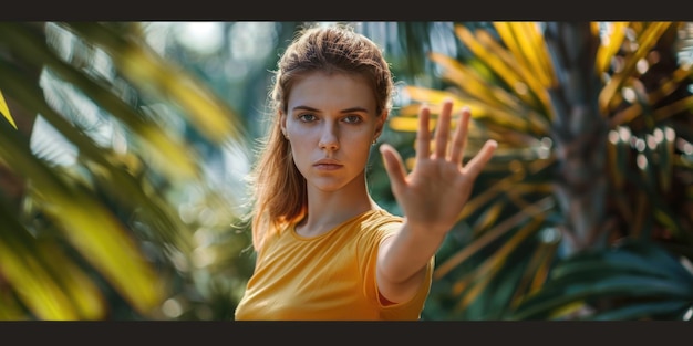 Foto mulher levantou a mão para dissuadir abuso parar violência contra as mulheres parar assédio sexual e estupro ai