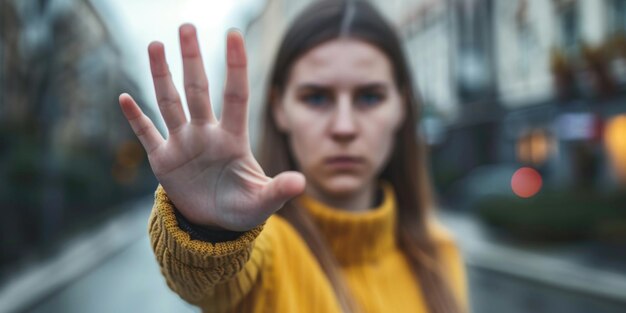 Foto mulher levantou a mão para dissuadir abuso parar violência contra as mulheres parar assédio sexual e estupro ai