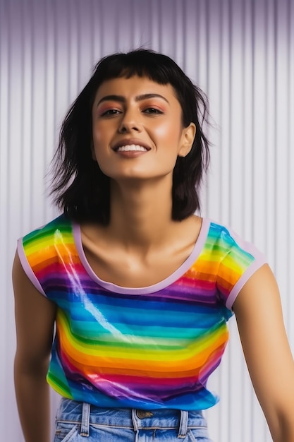 Mulher LGBTQ de 20 anos de cabelo preto vestindo camiseta arco-íris em fundo preto isolado Ai gerado