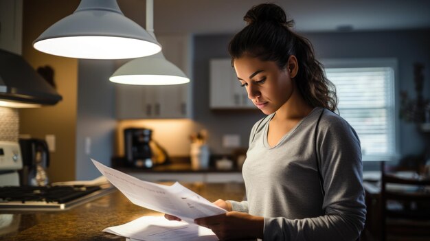 Foto mulher lida com o pagamento de contas no final do mês em sua cozinha criado com tecnologia de ia generativa