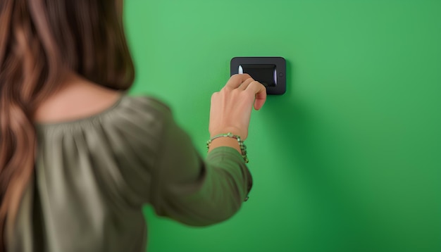 Foto mulher ligando um repetidor wifi preto em uma tomada elétrica na parede verde