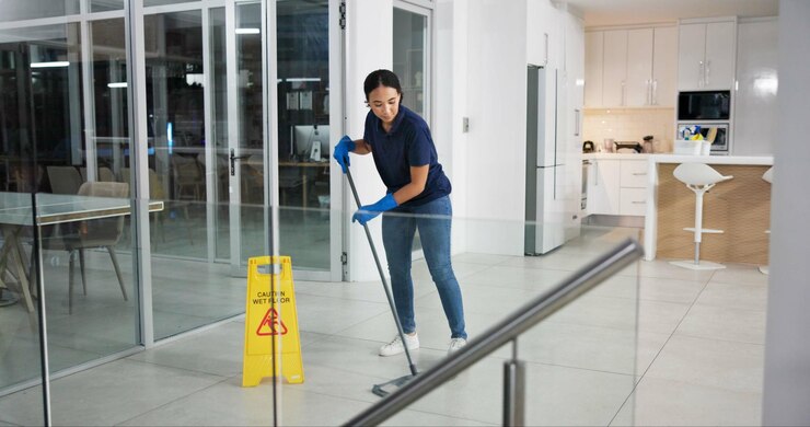 Foto mulher limpadora e limpadora de chão no escritório para bem-estar, desinfecção e proteção contra o risco de doenças no edifício manutenção de pessoa feminina e líquido químico de controle de pragas, saúde e higiene