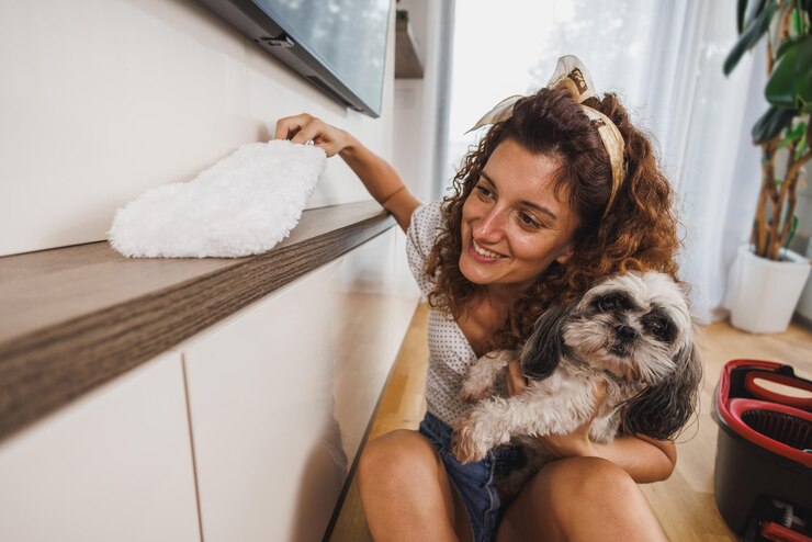 Foto mulher limpando a casa e brincando com seu cachorrinho