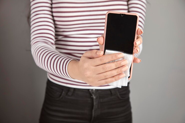 Foto mulher limpando telefone com lenço anti-séptico
