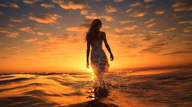 Mulher linda caminhando na água na praia