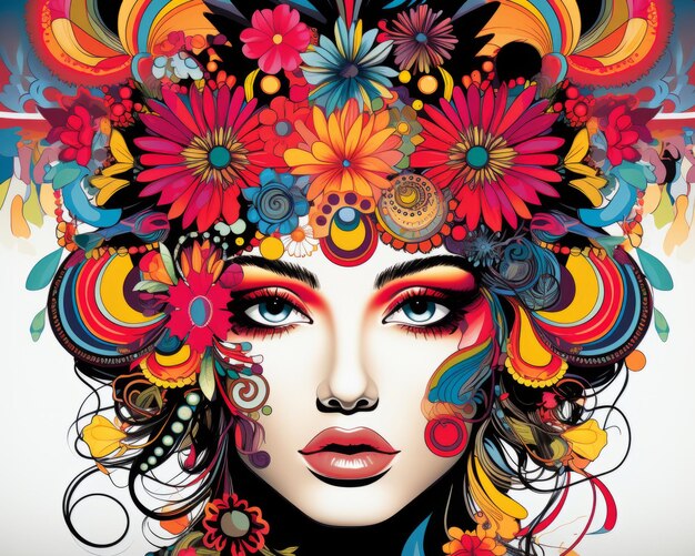mulher linda com cabelos coloridos e flores na cabeça