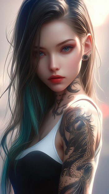 mulher linda com ilustração de tatuagem