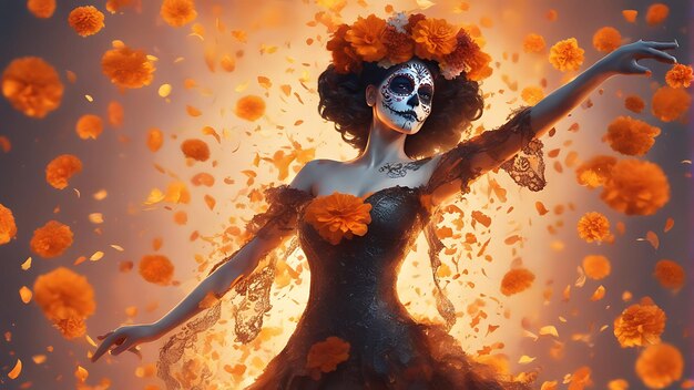 Mulher linda com maquiagem de crânio de açúcar e flores de margarida Dia dos Mortos Halloween