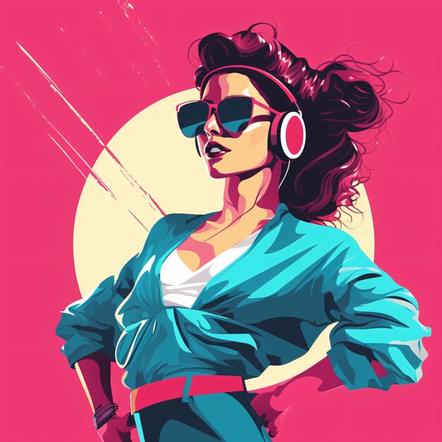 Mulher linda com óculos de sol estilo synthwave retro dos anos 80 cartaz de ilustração colorido