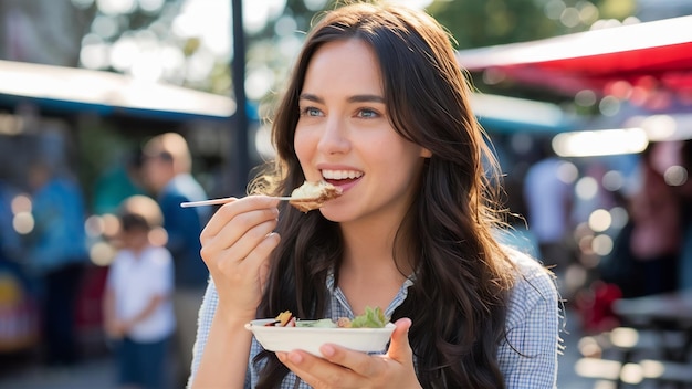 Mulher linda comendo deliciosa comida de rua ao ar livre