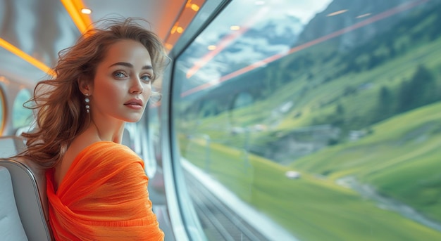 Mulher linda desfrutando de uma viagem de trem de luxo através de montanhas e colinas nas férias de verão