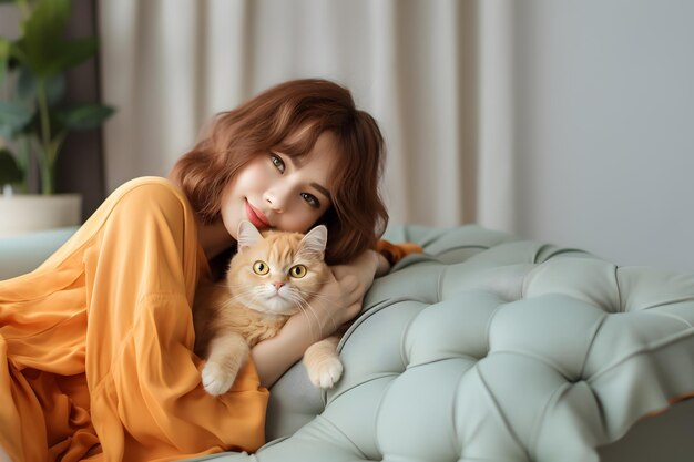 Mulher linda e bonita abraçando um gato laranja bonito com rosto sorridente