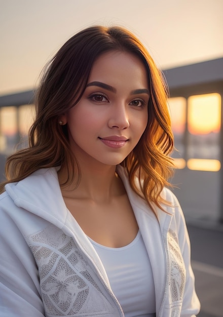 Mulher linda em roupas de fitness no pôr-do-sol Inteligência Artificial Generativa