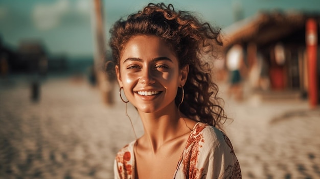 Foto mulher linda em um fundo borrado de uma praia modelo de foco seletivo