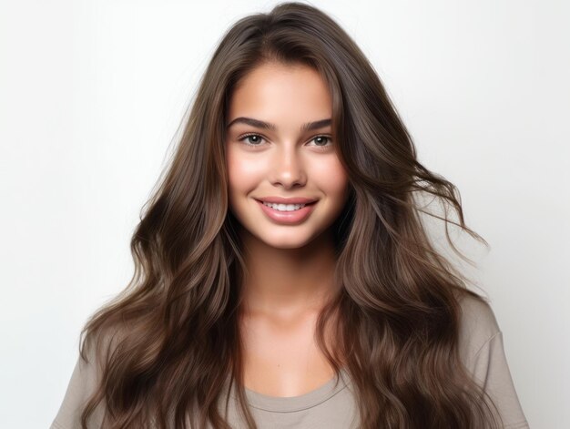 Mulher linda modelo com penteado longo Cuidados e produtos de beleza para o cabelo