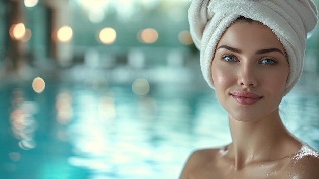 Mulher linda na piscina de um hotel de luxo.