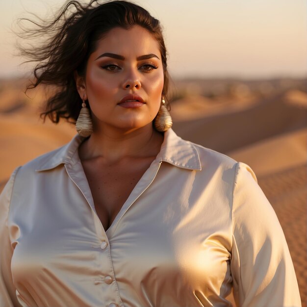 Foto mulher linda no deserto con roupa dourada