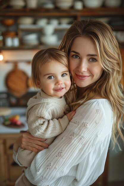 Mulher linda preparando o jantar na cozinha em casa e segurando seu bonito bebê