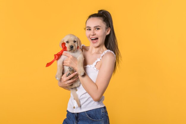 Foto mulher linda rindo segurando seu cachorrinho foto de uma linda garota posando em um fundo amarelo