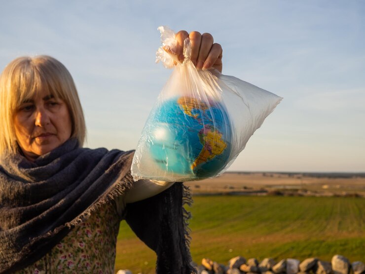 Foto mulher linda segurando globo em saco de plástico contra o céu