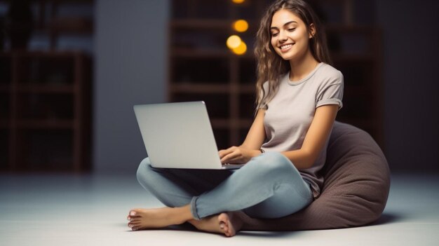 Mulher linda sentada no saco de feijão usando laptop