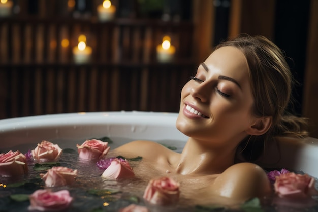 Mulher linda tomando banho com flores em um spa