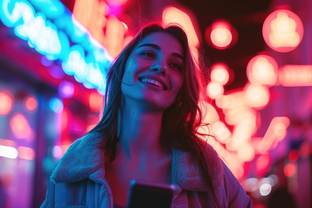 Mulher linda usando smartphone na cidade iluminada por néon