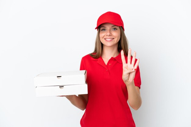 Mulher lituana de entrega de pizza isolada em fundo branco feliz e contando quatro com os dedos