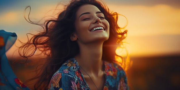 Foto mulher livre sorridente com os olhos fechados admirando a beleza de um pôr-do-sol nos campos generative ai