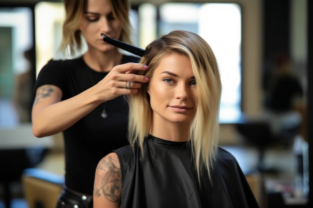 Foto mulher loira a cortar o cabelo no salão.