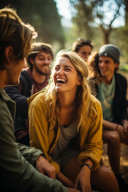Mulher loira a rir com amigos na floresta.