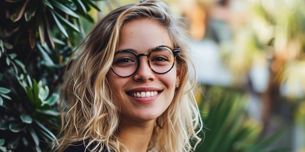 Foto mulher loira atraente do uruguai usando óculos ao ar livre com um olhar alegre.