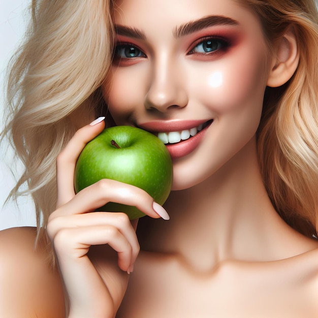 mulher loira caucasiana come maçã verde em fundo branco