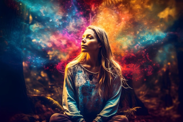 Mulher loira caucasiana meditando com energia colorida da natureza aparecendo em torno da rede neural