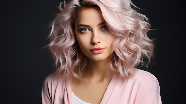 mulher loira com cabelo rosa e olhos azuis posando para uma foto IA generativa