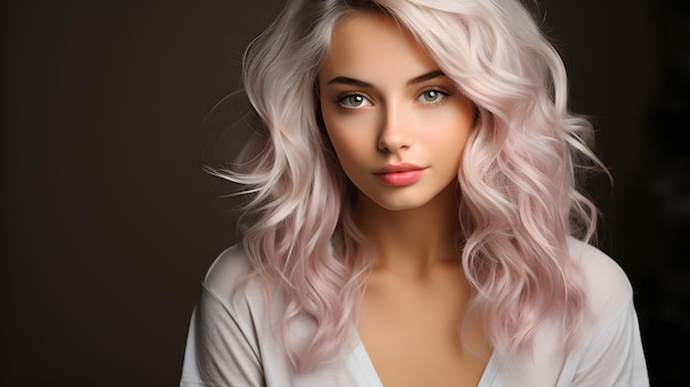 mulher loira com cabelo rosa e olhos azuis posando para uma foto IA generativa