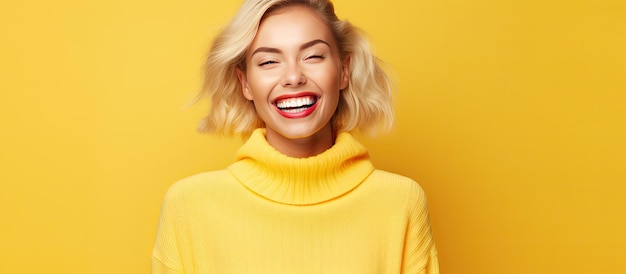 Mulher loira com expressão feliz de dentes brancos e poses casuais vestidas para promoção em fundo amarelo