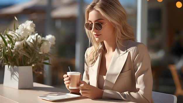 mulher loira com óculos de sol sentada em uma mesa com uma chávena de café IA generativa