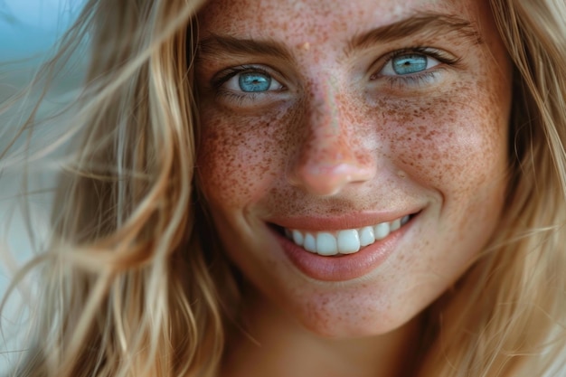 Mulher loira com pecas, olhos azuis, pele perfeita, sorrindo.