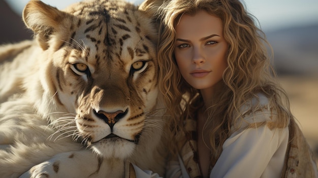 Mulher loira com um retrato de leão de força e beleza