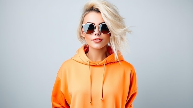 Mulher loira confiante na moda usando óculos escuros de cor de moletom laranja da moda posando em fundo branco